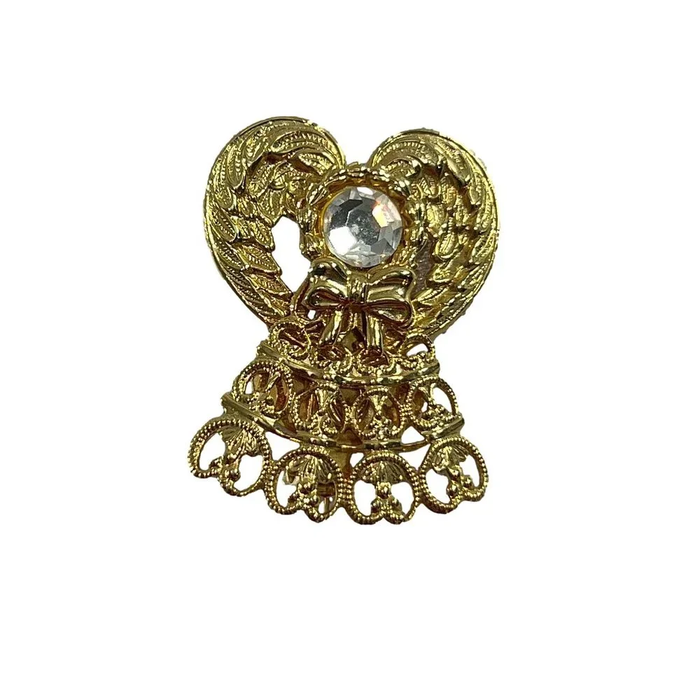 Vintage Gold Tone Angel Brooch Pin Rhinestone Jane AOL 1999 Christmas Ornate